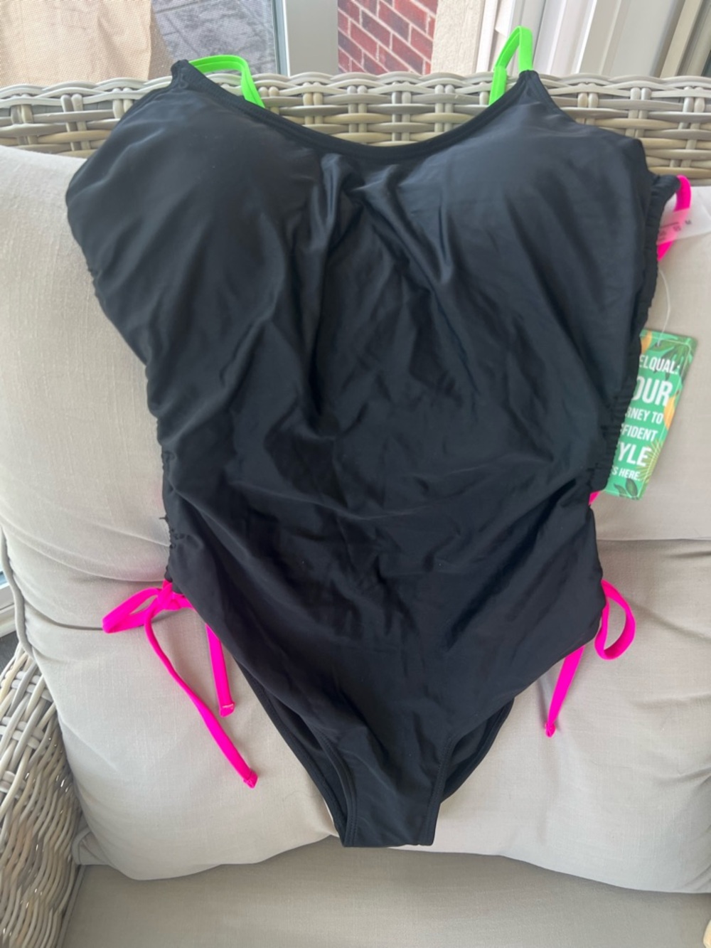 NWT Black One-Piece Swimsuit with Neon Pink & Green Accents